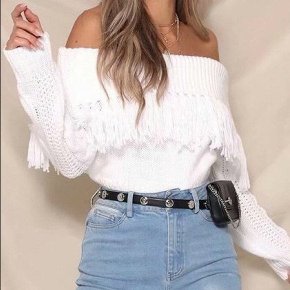 Main Strip Off Shoulder Tassel Long Sleeve Knit Fringe Sweater - Picture 1 of 9